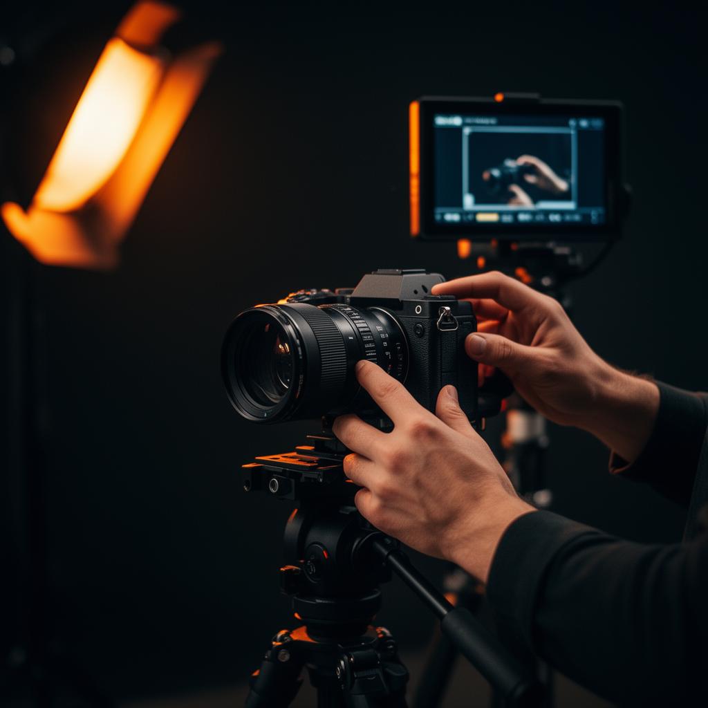 Bastidor de captação da equipe 2L Digital HUB com câmera profissional e luz laranja